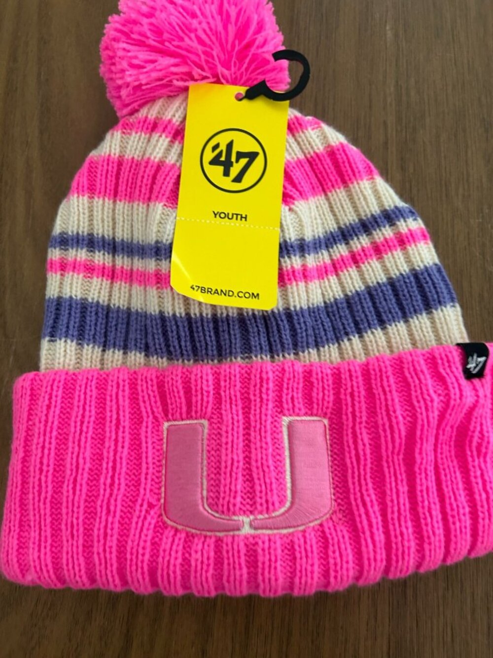 NWT Youth Pink Striped Knit Beanie With Pom By 47 Brand Snow Fort Cuffed Style